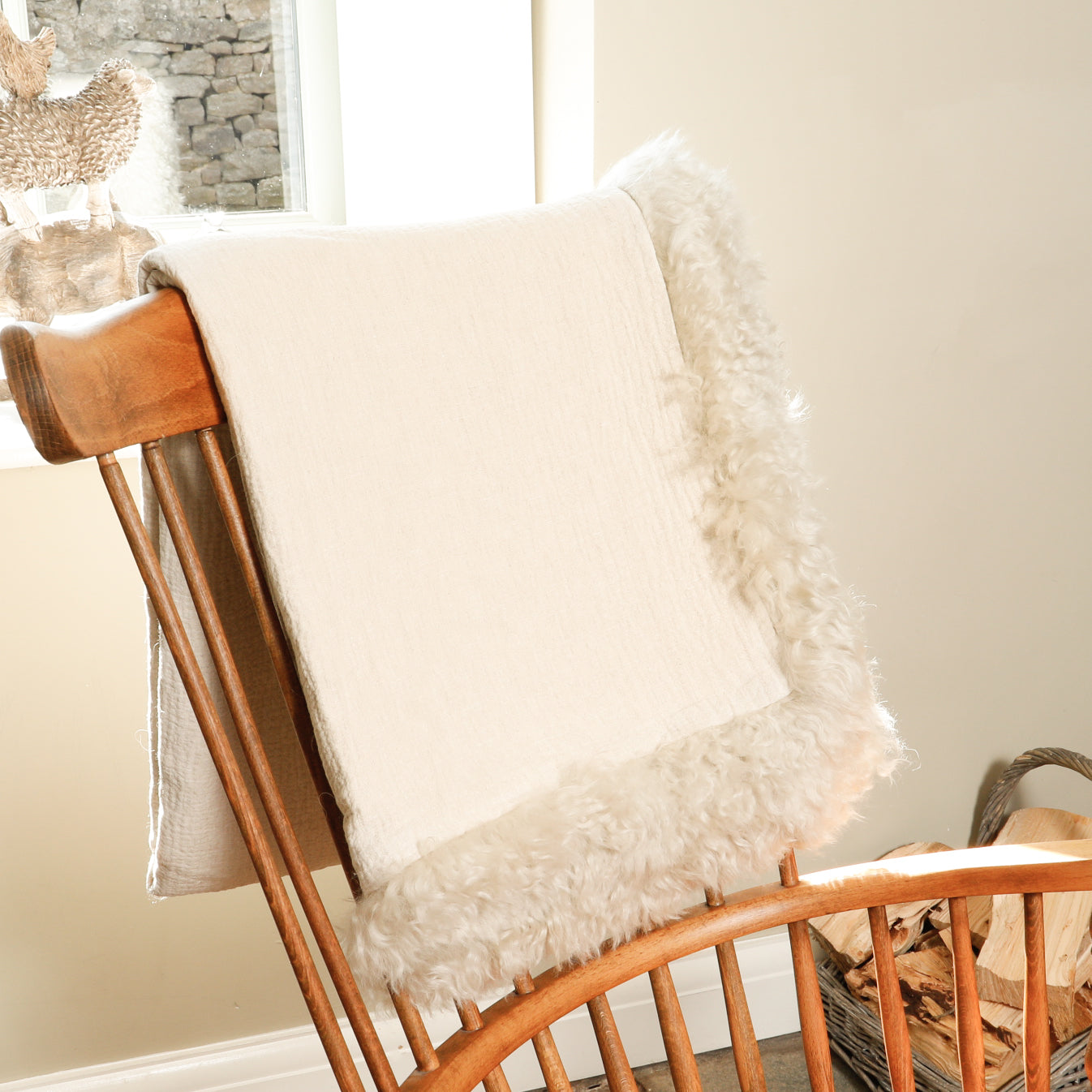 Beige Linen Blanket Sheepskin Trim